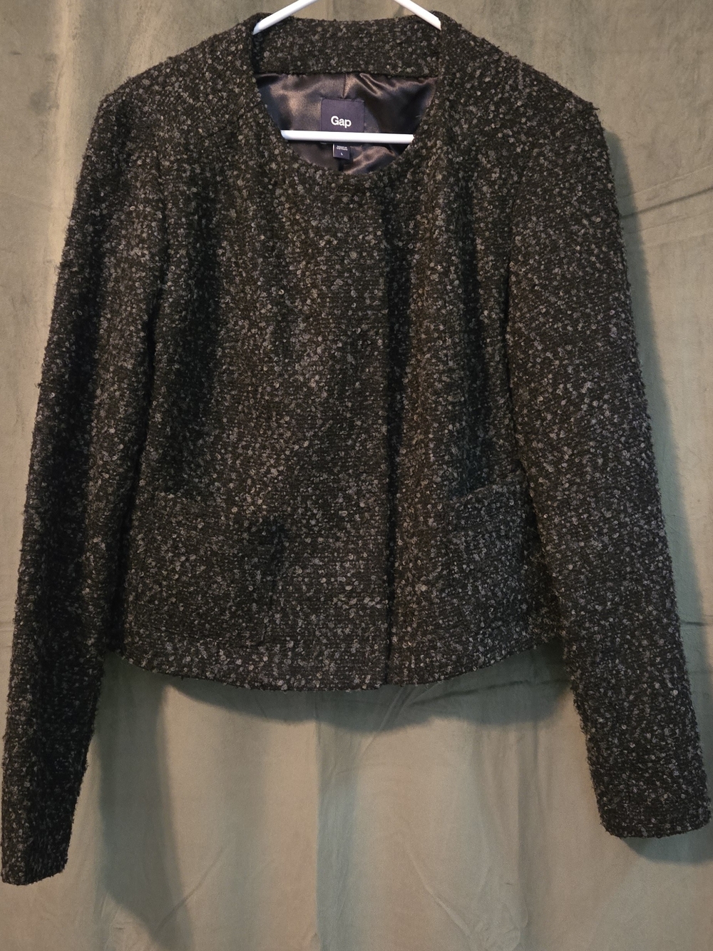 GAP Women's Black Textured Tweed Collarless Jacket